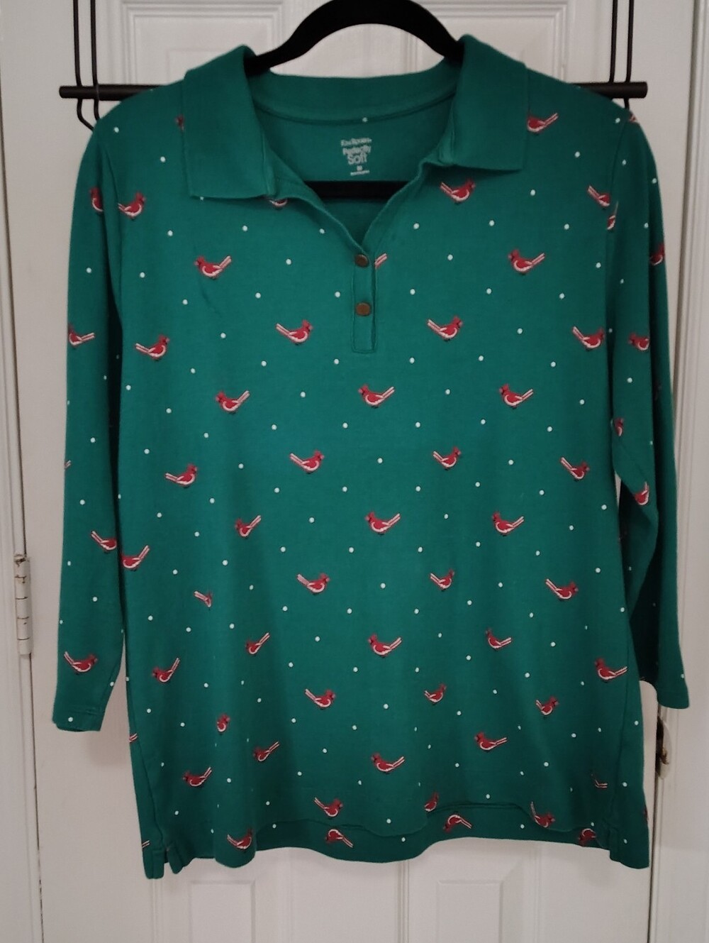 Kim Rogers Teal Green Polo Top with Cardinal Birds And White Dot Accent